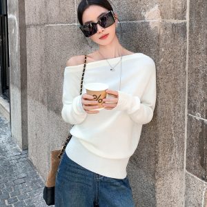 Off-Shoulder One-Shoulder Draped Neck Multi-Way Knit Sweater for Women