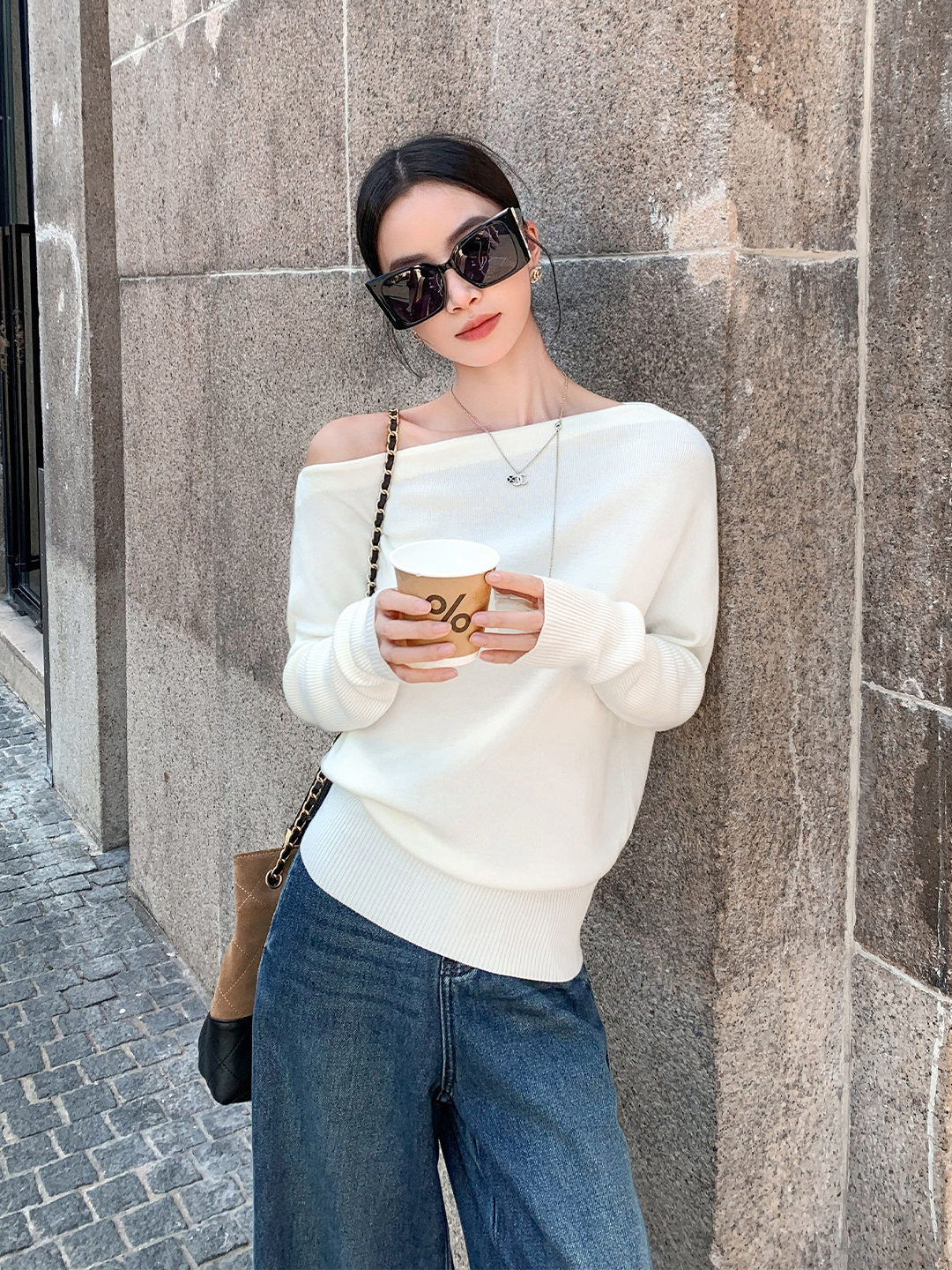 Off-Shoulder One-Shoulder Draped Neck Multi-Way Knit Sweater for Women