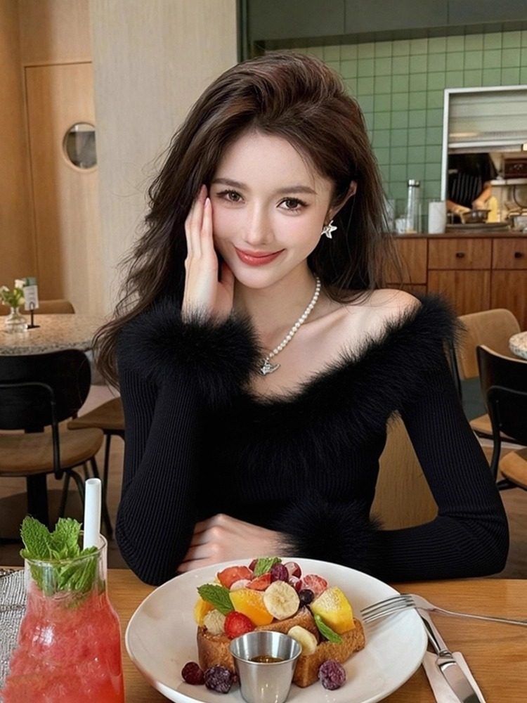 Fuzzy Slim Fit Long Sleeve Knit Top for Women Winter Black Sweater Base Layer - Image 3