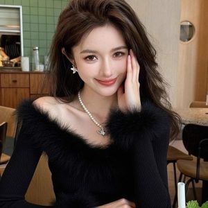 Fuzzy Slim Fit Long Sleeve Knit Top for Women Winter Black Sweater Base Layer