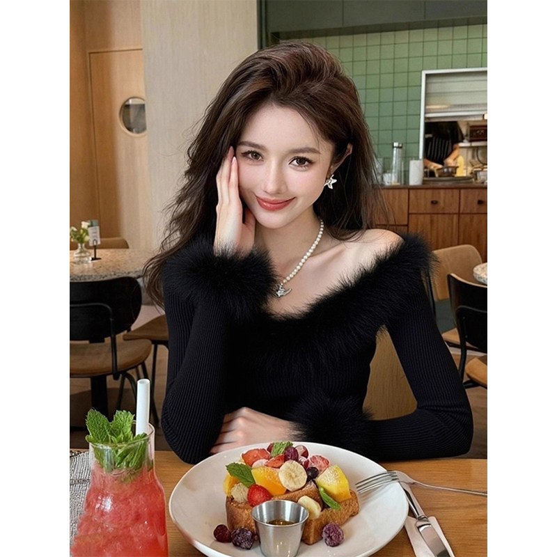 Fuzzy Slim Fit Long Sleeve Knit Top for Women Winter Black Sweater Base Layer - Image 5