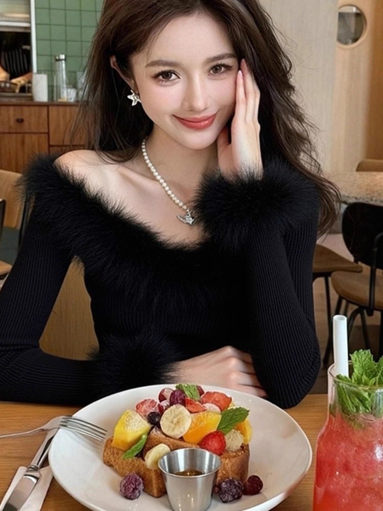 Fuzzy Slim Fit Long Sleeve Knit Top for Women Winter Black Sweater Base Layer - Image 2