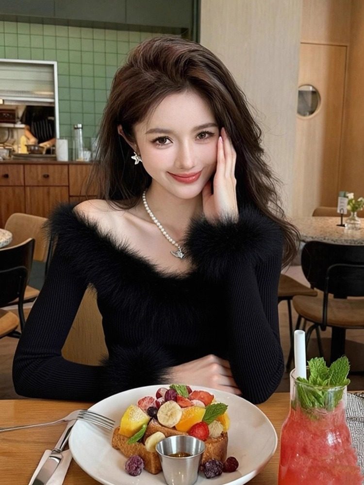 Fuzzy Slim Fit Long Sleeve Knit Top for Women Winter Black Sweater Base Layer - Image 4