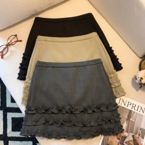 Women's High Waist Ruffle A-Line Skirt Korean Style Black Anti-Exposure Fall 2026